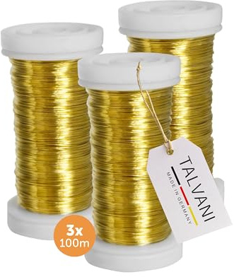 TALVANI Blumendraht [Grün | Gold], 100m x 0,35mm, Bindedraht für Garten, Floristik und DIY-Projekte, Stabil und Flexibel - [3er| 5er] Stück Myrthendraht (3, Gold, 3er)