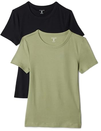 Amazon Essentials Women's 2-Pack Slim-Fit Short-Sleeve Crewneck T-Shirt, Black/Olive, X-Large