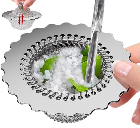 Nudorpn Passoire pour évier de cuisine – Panier de récupération des aliments en acier inoxydable – Passoire en maille réversible avec une chaîne flexible, pour l'élimination des déchets alimentaires