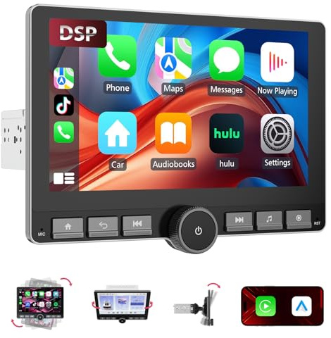 Haudio Roterbar bilradio, 1 Din bilstereo, 10,1 tum IPS-pekskärm med trådlös Carplay och Android-auto, billek med DAB|FM-radio |Spegellänk |Bakre kamera|röststyrning med knoppar och knappar