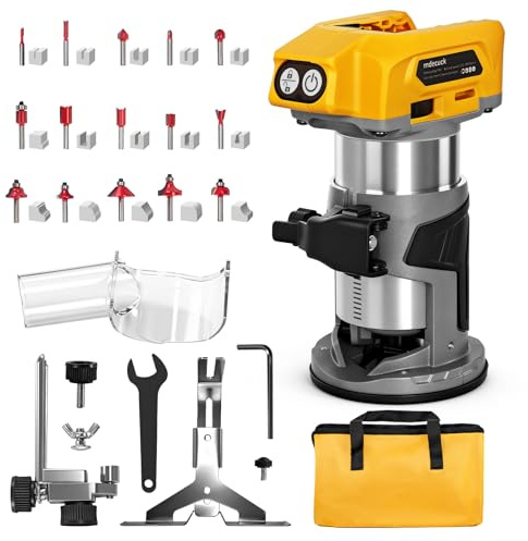 Brushless Router compatible with Dewalt 20V MAX Battery (No Battery), Cordless Wood Router for 800W 30000RPM, 6-Speed, with 15PCS Trim Router Bits, Edge/Roller Guide, Dust Hood, Ideal for Woodworking