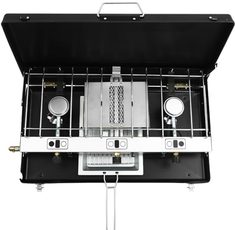 Réchaud à gaz de camping à 3 feux - 4,5 kW - Brûleur en acier inoxydable - Portable - Cuisiner au propane - Gaz butane