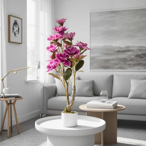 Virimolo Kunstpflanze Magnolienbaum 95 cm | Künstliche Topfblumen | Magnolie künstlich mit 14 Blüten & Weißen Töpfen | Realistische Deko für Zuhause & Büro
