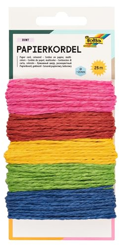 folia 12221 - Papierkordel Bunt, 5 farbig sortiert, je 5 m - Schnüre aus Papier zum verzieren von Bastelarbeiten, Handarbeiten und kleinen Geschenken