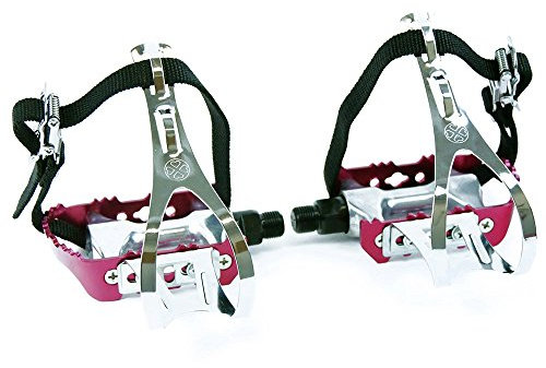 Permanent-Fahrrad Rot eloxierte Rennradpedale mit Retrohaken und einfachem Nylonriemen