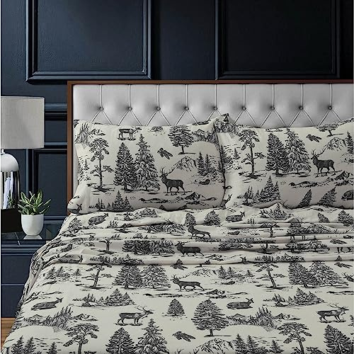 Tribeca Living Flannel Sheets Queen Size - 100% Cotton Flannel Sheet Set, 200 GSM Deep Pocket Queen Flannel Sheets, 4 Piece Ultra Soft Brushed Cotton Flannel Sheet in Deer Toile Charcoal Print