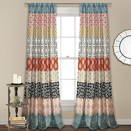 Lush Decor Bohemian Stripe Window Curtain Panels, Pair 52 W x 84 L Turquoise & Orange - Light Filtering Curtains for Bedroom - Boho Curtains - Maximalist Decor
