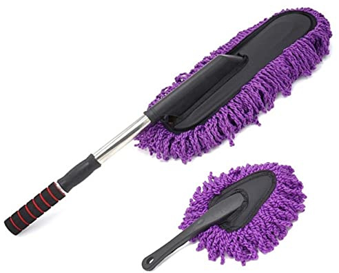 Bargain Crusader Removable Telescopic Car Wax Drag Nano Fiber Car Wash Brush Car Dusting Tool Car Mop Wax Duster Exterior Interior Cleaning Kit (Premium Car Duster & Dash Duster 2 Pcs Set, Purple)