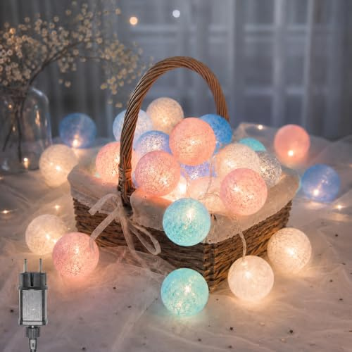 Ciskotu Luminosa Cameretta,20 Sfere Cotone LED Catena Luminosa Interno, per Decorazione Della Luce Notturna Interna, Come Natale, Matrimonio, Festa, Stanza, Tenda