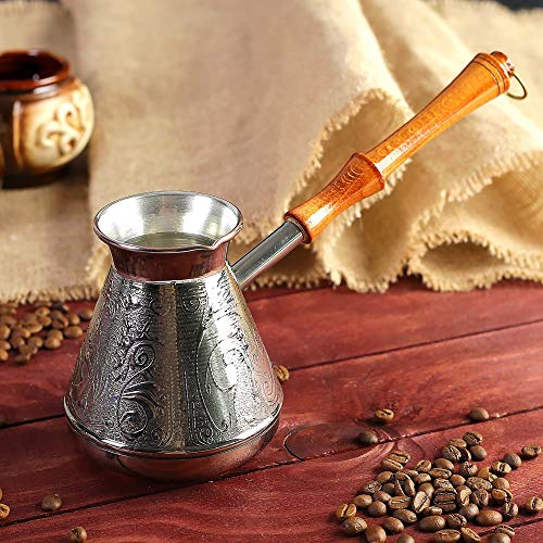 AEVVV Cafetière turka en cuivre de 500 ml – Cafetière turque Cezve en cuivre – Design vintage gravé ornement café Ibrik – Mini casserole avec bec verseur et poignée en bois