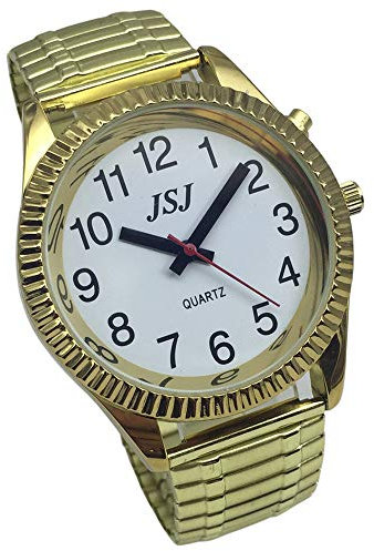 VISIONU Deutsch Sprechende Armbanduhr mit Weckerunktion,Ansage von Uhrzeit und Datum,Weiß- Ziffernblatt (Stretch Armband TUG-202G)