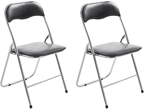 CLP 2er Set Klappstuhl Felix Gepolstert I Küchenstuhl Mit Metallgestell I Kunstleder PVC Sitz Gepolstert I Stühle Klappbar I Campingstühle, Farbe:schwarz/Silber