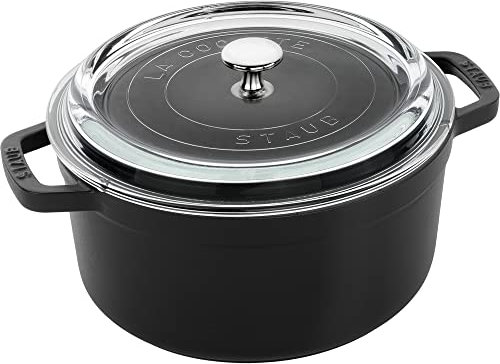 STAUB Dutch Oven Gusseisen 4 qt Runde Cocotte mit Glasdeckel, hergestellt in Frankreich, serviert 3-4, schwarz