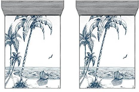ABAKUHAUS Insel 2er-Satz Spannbetttuch, Palme Boot-Skizze, Soft Dekorativer Stoff Bettwäsche Rund-um Elastischer Gummizug, 160 cm x 200 cm, Petrol Blau Weiß