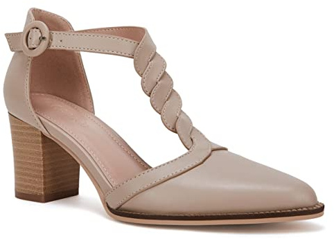 Womens Block Chunky Heels T Strap Dress Shoes Closed Toe Stacked Heeled Sandals Pumps Nude
