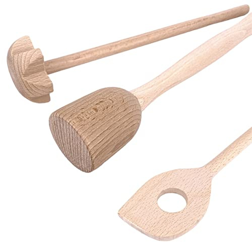 Balna Kartoffelstampfer Holz – Quirl Holz Holzquirl – Holzlöffel mit Loch – Küchenhelfer Set 30 cm aus Buchenholz 3-teilig
