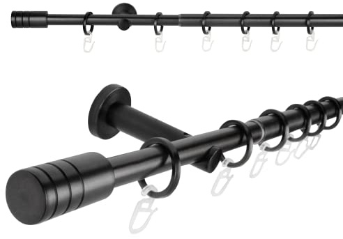 metablo Gardinenstange ausziehbar 1-Lauf Wandmontage Vorhangstange Fenster, Teleskopgarnitur inklusive Träger und Endstücke Komplettgarnitur 16/19mm Schwarz 210-400 cm