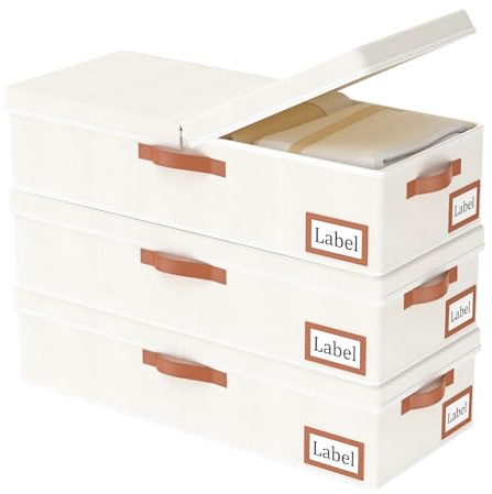 Yawinhe 3 Stück Unterbettkommode mit Deckel,27L Aufbewahrungsbox,Beige | Unterbett-Aufbewahrungstasche Faltbarer mit Griffen und Etikettentaschen,Kleideraufbewahrung für Bettdecken