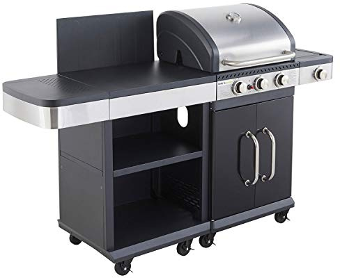 Cook’in Garden - Cuisine Extérieure Modulable FIDGI 3, Barbecue au Gaz, 3 Brûleurs avec Thermomètre, Meuble d’Appoint Desserte, Structure Métal, Noir