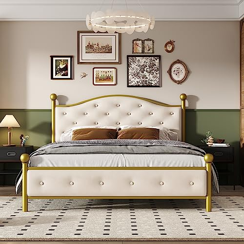 HomeTouch Modern Metallbett Bettgestelle mit Lattenrost Doppelbett Bettrahmen mit Kopfteil Gästebett Jugendbett für Schlafzimmer Gästezimmer 140x200 cm Golden