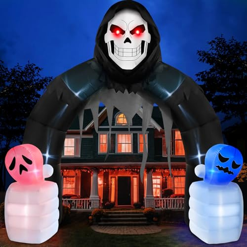 Danxilu 3m XXL Halloween Aufblasbar Deko Sensenmann Torbogen mit 2 Geistern | Aufblasbarer Bogen mit LED-Beleuchtung und Roten Augen für Outdoor, Garten, Rasen, Vorgarten, Eingangsbereich und Party