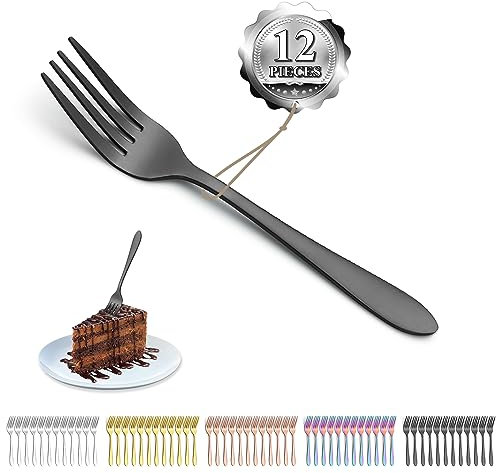 Kyraton Schwarze Dessertgabeln 12 Stück 14cm Edelstahl titanbeschichtet Schwarze Kuchengabeln, Obstgabeln, Gabelsilber, Hochglanzpoliert Spülmaschinenfest