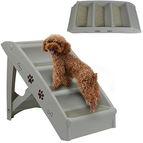 SUBTLETY Hundetreppe Klappbare Haustiertreppe aus Kunststoff mit 4 Rutschfesten Stufen Katzentreppe Treppen für Hunde Katze Tiertreppe für Bett Couch Auto Belastbarkeit bis zu 75kg (Grau)