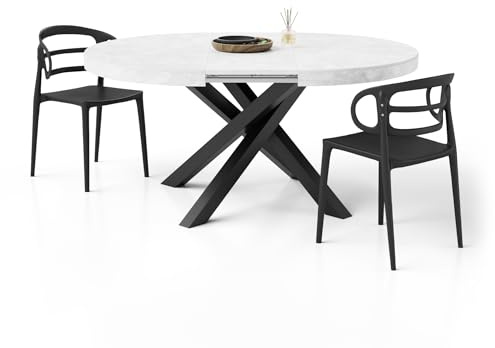 MOBILI FIVER, Runder ausziehbarer Tisch Emma, 120-160 cm, Weißer Beton mit gekreuzten Schwarzen Beinen, Made In Italy