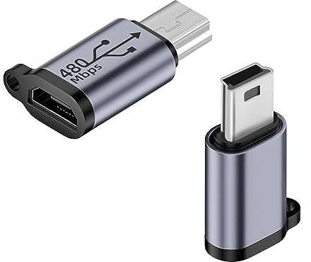 QIANRENON Mini USB macho a Micro USB hembra adaptador Mini USB Plug a Micro USB 2.0 Conector de datos de carga 480Mbps 18W 9V/2A, aleación de Al/agujero de gancho, para cámara digital, MP3, disco duro