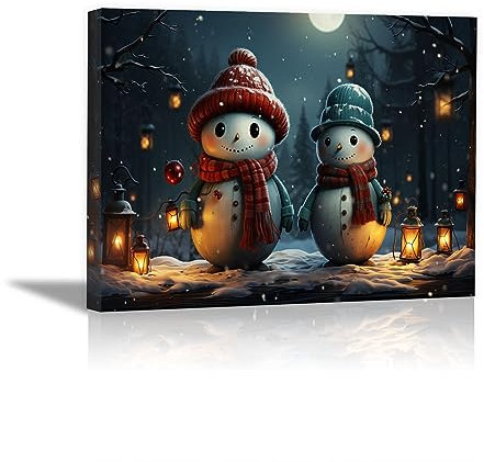 SHYAMIC Bilder Weihnachten Leinwandbild Kunstdruck, Rot, Blau Wandbild X-Mas Fenster Fotodruck Schneemann Kunstdruck Leuchtbild, Weihnachten Winteridylle Effekt - 60x90cm Gerahmt