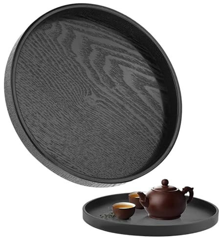 Vassoio rotondo in legno Nizirioo, vassoio da portata in legno, 30 cm, antiscivolo, per il bagno, anti-troppopieno, piccolo, decorazione per bar, ristorante, dessert (nero)