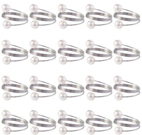 kiskick Serviettenringe, faltbar, 12/20 Stück, Set mit künstlichen Perlen, aus Metall, elegant, glatte Oberfläche, ohne Streifen, für Themenveranstaltungen, Tischdekoration