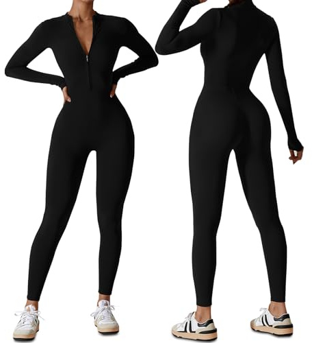 HOMDECR Damen Sport Jumpsuit Lang Eng Yoga Overall Langarm V-Ausschnitt Playsuits Mit Reißverschluss Jogging Strampler Hosenanzug Trainingsanzug