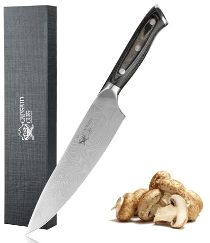 Captain Cut Kochmesser 20 cm Klinge, Full Tang, Edelstahl, Damast-Optik | Full Tang Klinge, genietet mit Pakkaholzgriff: scharfer Edelstahl 58 HRC, langlebig, inkl. Geschenkbox