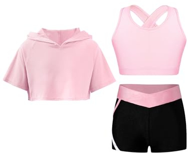Kid Girls 3 Pieces Dance Outfit Gymnastics Hooded Crop Top Sleeveless Camisole and Shorts Set Tracksuit A Pink 9-10 Years