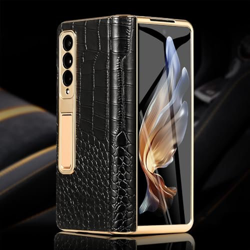 Leder-Handyhülle für Samsung Galaxy Z Fold 5 4 3 Fold4 Fold5, vergoldete magnetische Scharnier-Ständerabdeckung mit Spiegelfolie, 1, für Samsung Galaxy Z Fold 3