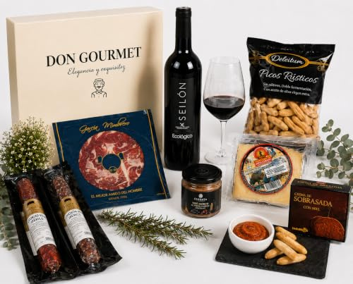 DON GOURMET, Cesta Gourmet para Regalar, Copas de vino personalizadas, Cesta Navidad, lote embutidos ibéricos, aceite de oliva, patés, pack ibéricos. Regalo de cumpleaños, Regalo casados. (1 COPA)