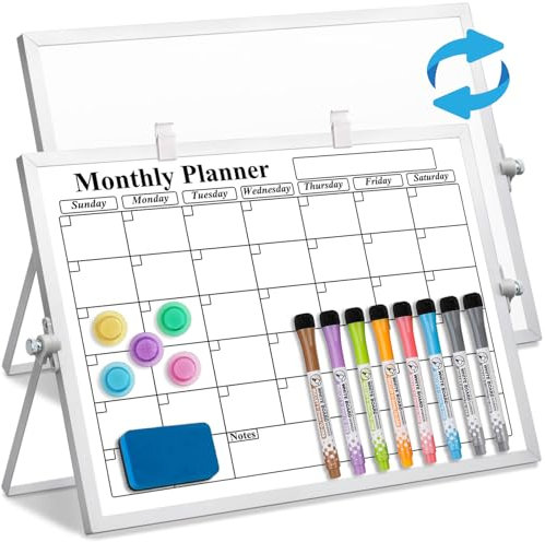 LISSCHANN Magnetisches Whiteboard Trocken Abwischbar für Schreibtischd, Doppelseitiges Whiteboard Klein 40 x 30cm mit Ständer, Tragbares Monatskalender Magnettafel zum Schreiben, Zeichnen oder Planen