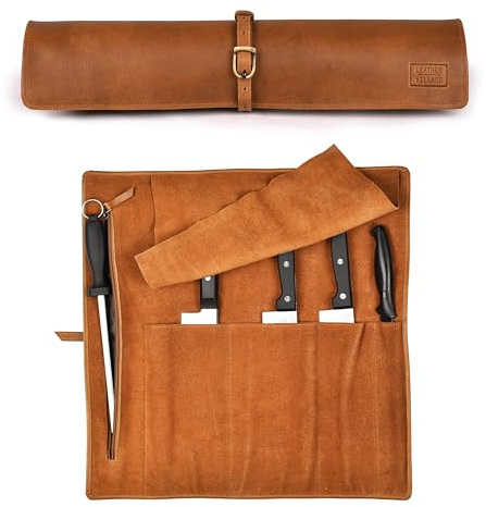 LEATHER VILLAGE Genuine Leather Knife Roll Bag – Chef Carrying Case | Durable Sheath Holder, Cooks & Culinary Tools Organizer, Portable Travel Storage with 4 Slots & Zipper - Tan