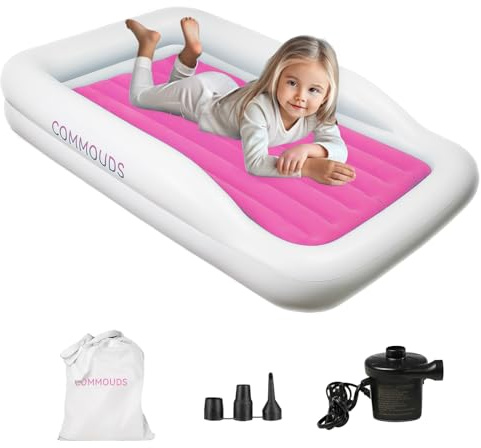 COMMOUDS Portable Toddler Travel Bed with Safety Bumpers, Inflatable Kids Air Mattress with Electric Pump, Baby Blow up Mattress, for Grandma's Home Camping Vacation