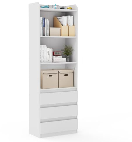 Msutree Bücherregal 180 cm, Regal mit 6 Fächern, Bücherschrank mit 3 Schubladen, Standregal, Aufbewahrungsregal, für Wohnzimmer Küche Büro Arbeitszimmer Schwarz (White)