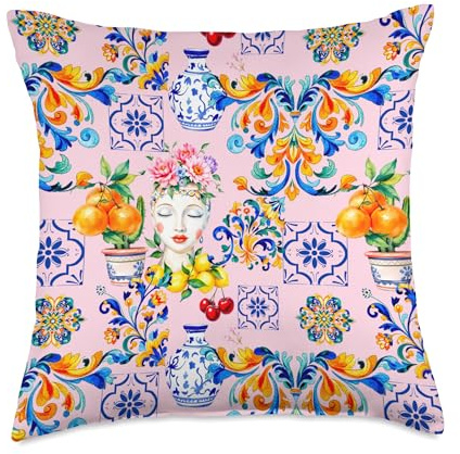 Summer colorful Sicilian Moor’s head inspired lemon art Throw Pillow