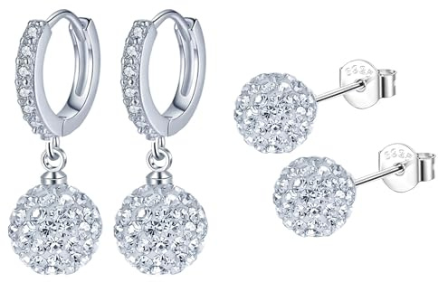 Hinvan 2 Paare 925 Sterling Silber Ohrringe Hängend Tropfen Ohrhänger Kristall Disco Kugel Ohrringe Silber Ohrstecker Klein Kugel Creolen für Damen Mädchen Frauen