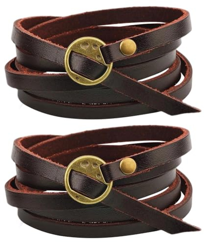 CALFOVERA 2 Brazalete de Cuero Genuino Ajustable de Piel de Vaca, Estilo Bohemio, con Capas, Estilo Vintage Occidental, Marrón Oscuro, Apilable, con Cierre de Palanca para Hombres Y Mujeres.
