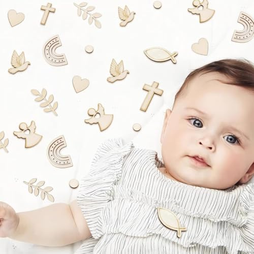 200 Stück Streudeko Taufe, Tischdeko Taufe, Taufe Deko Mädchen mit Holzfische Deko Kreuz Regenbogen Weizenähren Tauben uchstaben Herz Punkte Taufdeko Junge