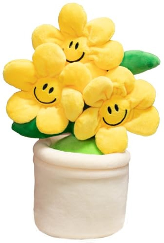 NatureMan 11.8 Piante grasse in peluche, con vaso di fiori e sole, simpatica faccia sorridente, peluche per decorazione della stanza/regali di compleanno (giallo)