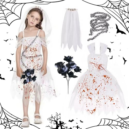 Shinybox Costume de Mariée Zombie pour Fille, Mariée Fantôme Déguisement avec Rose Noire et Blanche, Voile et Chaîne, Costume de Zombie Horreur pour Halloween Carnaval Cosplay