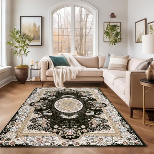RBQIZVW Orient Teppich 80×160 cm Teppich Schwarz Weiß Kurzflor im Vintage Look Teppiche, Pflegeleichtes Wohnaccessoire mit klassischem Muster für Teppiche Schlaf- oder Wohnzimmer