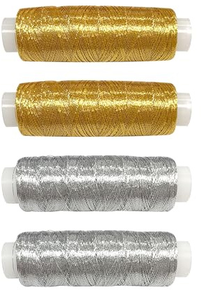 4 Pack Metallic Sewing Thread Set, Shiny Golden Thread and Silvery Threads for Embroidery and Patchwork, Universal Sewing Machine Threads for Quilting, Overlocker Use, Hand Machine Decorative Stitches