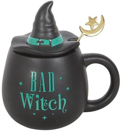 Something Different Wholesale Tazza con coperchio e cucchiaio, in ceramica verde, con cappello da strega, regalo gotico per Halloween